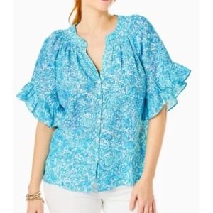 Lilly Pulitzer Tayla Linen Ruffle Sleeve Top Took Me By Sunrise LG Coastal Chic
